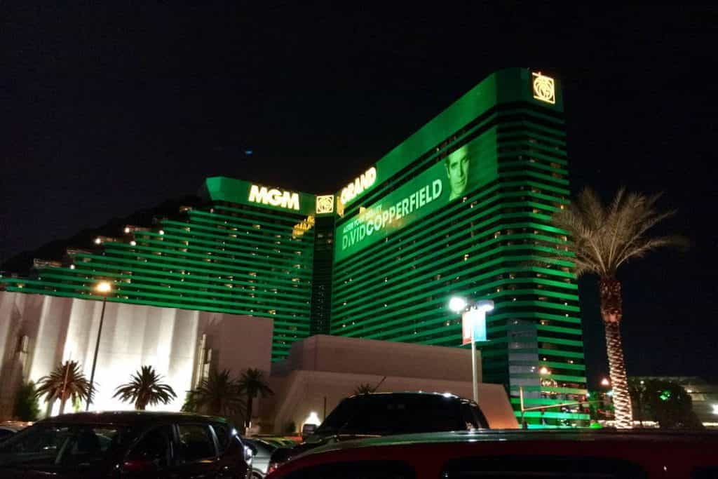 Outside the MGM Grand Las Vegas at night.