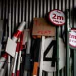 Racecourse signs and signposts in storage.