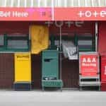 Bookmaker pitches stored before tote windows at Wolverhampton Racecourse.