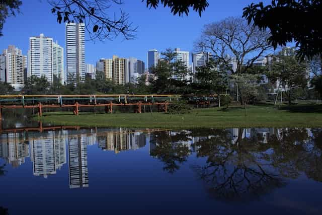 A bridge in front of a city in Parana, Brazil.